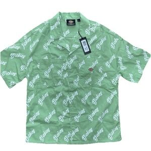Dickies Button Down Men's XS Camp Work‎ Shirt Sage Green All Over Logo Print